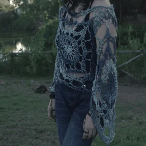 Distressed Bell-Sleeve Crochet Sweater - 1 - Atryk